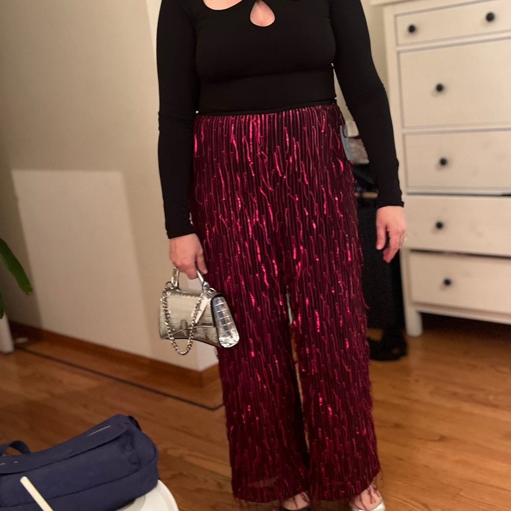 Anthropologie Maeve Sequined Wide Leg Pants Plum PETITE - Picture 10 of 10